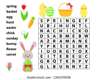 Easter Educational Game For Kids. Word Search Game. Spring Theme. Vector Bunny, Chick, Flowers And Easter Eggs.