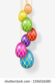 Easter egg 3d. Bright hanging Easter eggs on rope, isolated on white background. Decorative design for greeting card, holiday decoration banner, colorful celebration invitation Vector illustraion