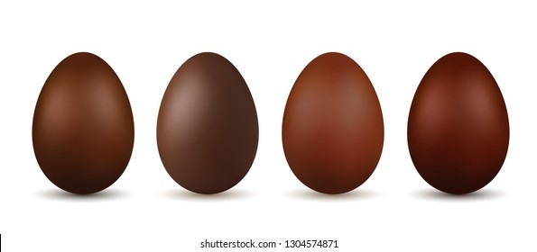 Easter egg 3d. Chocolate brown eggs set, isolated white background. Traditional sweet candy dessert, decoration Happy Easter celebration. Design element spring holiday, greeting Vector illustration