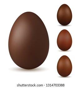 Easter egg 3d. Chocolate brown eggs set, isolated white background. Traditional sweet candy dessert, decoration Happy Easter celebration. Design element spring holiday, greeting Vector illustration