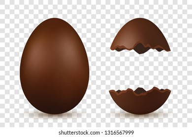 Easter egg 3d. Chocolate brown whole and broken eggs set, isolated white transparent background. Traditional decoration Happy Easter celebration. Design element spring holiday Vector illustration