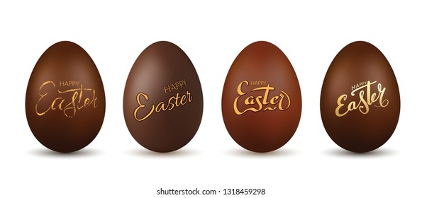 Easter egg 3d. Chocolate brown eggs set, isolated white background. Traditional candy dessert, decoration lettering text Happy Easter celebration. Design element holiday, greeting Vector illustration