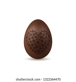 Easter egg 3d. Chocolate brown egg, flower heart, isolated on white background. Traditional sweet candy dessert, decoration for Happy Easter celebration. Design for spring holiday Vector illustration