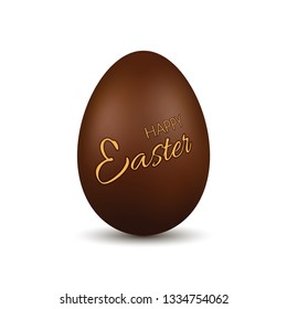 Easter egg 3d. Chocolate brown egg Happy Easter text Isolated white background. Traditional sweet candy dessert, decoration Happy Easter celebration. Design element spring holiday Vector illustration