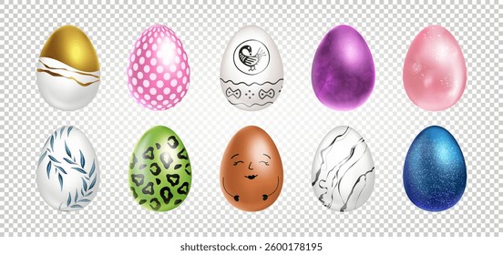 Easter egg 3D. Colorful spring holiday element. Realistic decorative pattern. Gold metal, yellow, orange symbol. Luxury metallic premium isolated elements. Pattern decor on celebration. Vector eggs