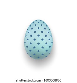 Easter egg 3D icon. Blue color egg, stars, isolated white background. Bright realistic design, decoration Happy Easter celebration. Holiday element. Shiny pattern. Spring symbol Vector illustration