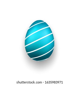 Easter egg 3D icon. Blue color egg, isolated white background. Bright realistic design, decoration for Happy Easter celebration. Holiday element. Shiny pattern. Spring symbol Vector illustration