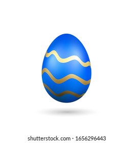 Easter egg 3D icon. Blue gold egg, isolated white background. Bright realistic design, decoration for Happy Easter celebration. Holiday element. Shiny pattern. Spring symbol Vector illustration