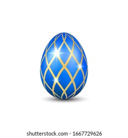 Easter egg 3D icon. Blue gold egg, isolated white background. Bright realistic design, decoration for Happy Easter celebration. Holiday element. Shiny pattern. Spring symbol Vector illustration