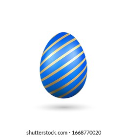 Easter egg 3D icon. Blue gold egg, isolated white background. Bright realistic design, decoration for Happy Easter celebration. Holiday element. Shiny pattern. Spring symbol Vector illustration