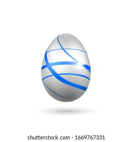 Easter egg 3D icon. Blue silver egg, isolated white background. Bright realistic design, decoration for Happy Easter celebration. Holiday element. Shiny pattern. Spring symbol Vector illustration