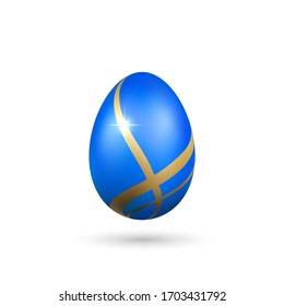 Easter egg 3D icon. Blue gold egg, isolated white background. Bright realistic design, decoration for Happy Easter celebration. Holiday element. Shiny pattern. Spring symbol Vector illustration
