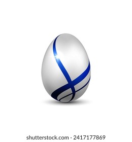 Easter egg 3D icon. Blue silver egg, isolated white background. Bright realistic design, decoration for Happy Easter celebration. Holiday element. Shiny pattern. Spring symbol Vector illustration