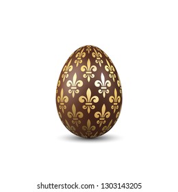 Easter egg 3D icon. Chocolate egg, isolated white background. Gold flower fleur de lis design, decoration Happy Easter celebration. Royal lily Holiday pattern. Spring symbol Vector illustration