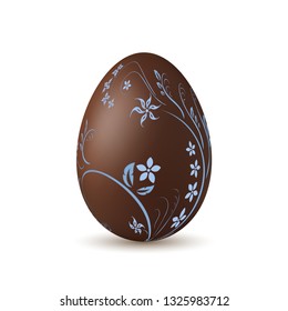 Easter egg 3d icon. Chocolate brown egg, isolated white background. Flower, branch, leaf. Sweet candy dessert, decoration Happy Easter celebration. Hand drawn design element Vector illustration