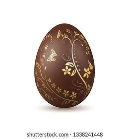 Easter egg 3d icon. Chocolate brown egg, isolated white background. Flower, branch, leaf. Sweet candy dessert, decoration Happy Easter celebration. Hand drawn design element Vector illustration