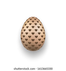 Easter egg 3D icon. Chocolate egg, hearts, isolated white background. Bright realistic design, decoration Happy Easter celebration. Holiday element. Shiny pattern. Spring symbol Vector illustration