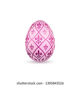 Easter egg 3D icon. Color egg, isolated white background. Flower fleur de lis design, decoration for Happy Easter celebration. Royal lily element. Holiday pattern. Spring symbol Vector illustration