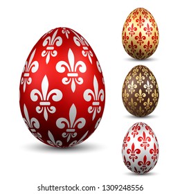 Easter egg 3D icon. Color eggs set, isolated white background. Flower fleur de lis design, decoration Happy Easter celebration. Royal lily element. Holiday pattern. Spring symbol Vector illustration