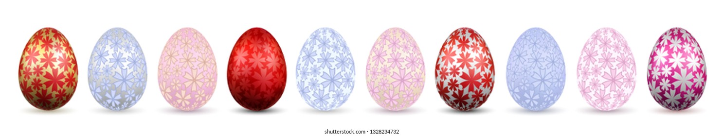 Easter egg 3D icon. Color eggs set, isolated white background. Pastel, gold flower design, decoration Happy Easter celebration. Holiday element. Shiny pattern. Spring symbol Vector illustration