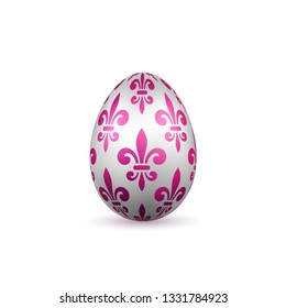 Easter egg 3D icon. Color egg, isolated white background. Flower fleur de lis design, decoration for Happy Easter celebration. Royal lily element. Holiday pattern. Spring symbol Vector illustration