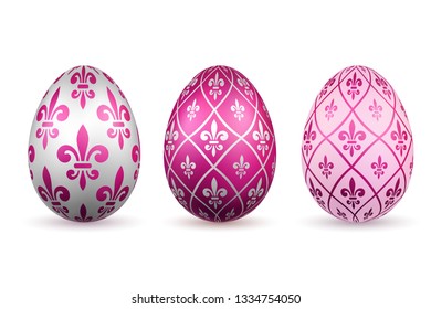 Easter egg 3D icon. Color eggs set, isolated white background. Flower fleur de lis design, decoration Happy Easter celebration. Royal lily element. Holiday pattern. Spring symbol Vector illustration