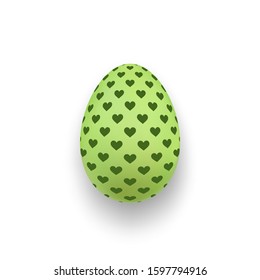 Easter egg 3D icon. Cute green egg, hearts, isolated white background. Bright realistic design, decoration Happy Easter celebration. Holiday element. Shiny pattern. Spring symbol Vector illustration
