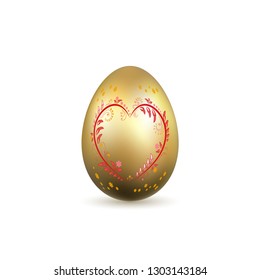 Easter egg 3D icon. Gold egg, heart, isolated white background. Floral hand drawn design, flower branch decoration pattern Happy Easter celebration. Holiday element. Spring symbol Vector illustration