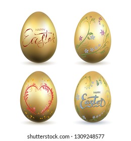 Easter egg 3D icon. Gold eggs set, lettering, isolated white background. Shiny design. Hand drawn decoration Happy Easter celebration. Text element. Holiday pattern. Spring symbol Vector illustration