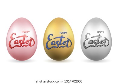 Easter egg 3D icon. Gold, pastel eggs set, lettering, isolated white background. Realistic design. Hand drawn decoration Happy Easter celebration. Text pattern for spring holiday Vector illustration