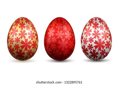 Easter egg 3D icon. Gold red eggs set isolated white background. Bright flower design, realistic decoration Happy Easter celebration. Holiday element. Shiny pattern. Spring symbol Vector illustration