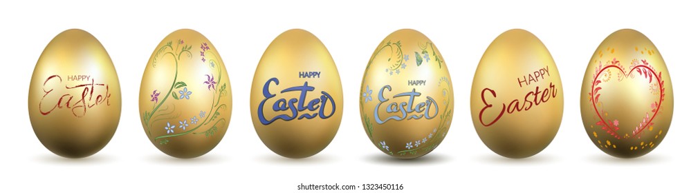 Easter egg 3D icon. Gold eggs set, lettering, isolated white background. Shiny design. Hand drawn decoration Happy Easter celebration. Text element. Holiday pattern. Spring symbol Vector illustration