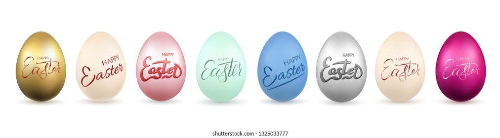 Easter egg 3D icon. Gold, pastel eggs set, lettering, isolated white background. Realistic design. Hand drawn decoration Happy Easter celebration. Text pattern for spring holiday Vector illustration