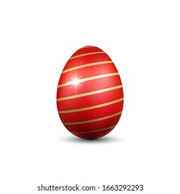 Easter egg 3D icon. Gold red egg isolated white background. Golden design template, decoration Happy Easter celebration. Holiday element. Shiny pattern. Traditional symbol spring Vector illustration
