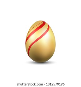 Easter egg 3D icon. Gold red egg isolated white background. Golden design template, decoration Happy Easter celebration. Holiday element. Shiny pattern. Traditional symbol spring Vector illustration