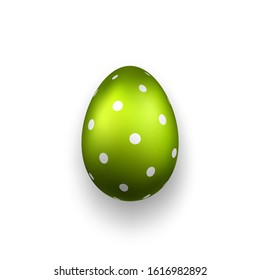 Easter egg 3D icon. Green color egg, isolated white background. Bright realistic design, decoration for Happy Easter celebration. Holiday element. Shiny pattern. Spring symbol Vector illustration
