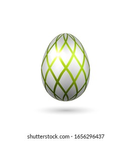 Easter egg 3D icon. Green silver egg, isolated white background. Bright realistic design, decoration for Happy Easter celebration. Holiday element. Shiny pattern. Spring symbol Vector illustration