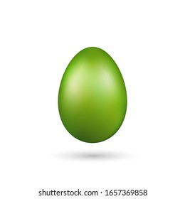 Easter egg 3D icon. Green color egg, isolated white background. Bright realistic design, decoration for Happy Easter celebration. Holiday element. Shiny pattern. Spring symbol Vector illustration