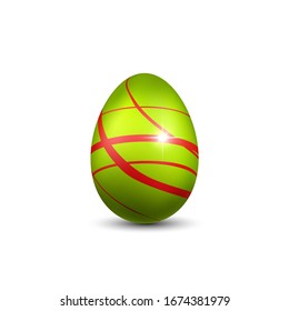 Easter egg 3D icon. Green red egg, isolated white background. Bright realistic design, decoration for Happy Easter celebration. Holiday element. Shiny pattern. Spring symbol Vector illustration