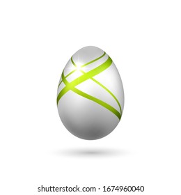 Easter egg 3D icon. Green silver egg, isolated white background. Bright realistic design, decoration for Happy Easter celebration. Holiday element. Shiny pattern. Spring symbol Vector illustration