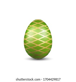 Easter egg 3D icon. Green gold egg, isolated white background. Bright realistic design, decoration for Happy Easter celebration. Holiday element. Shiny pattern. Spring symbol Vector illustration
