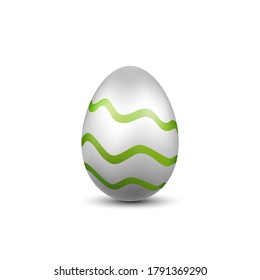 Easter egg 3D icon. Green silver egg, isolated white background. Bright realistic design, decoration for Happy Easter celebration. Holiday element. Shiny pattern. Spring symbol Vector illustration