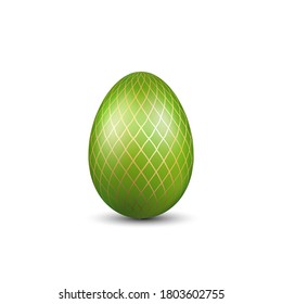 Icono 3D del huevo de Pascua. Huevo dorado verde, fondo blanco aislado. Diseño realista brillante, decoración para la celebración de Pascua Feliz. Elemento Holiday. Patrón brillante. Símbolo de primavera Ilustración vectorial