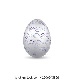 Easter egg 3D icon. Ornate silver egg, isolated white background. Wave realistic design, decoration Happy Easter celebration. Holiday ornamental element. Graceful spring pattern Vector illustration