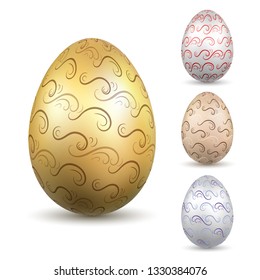 Easter egg 3D icon. Ornate silver eggs set, isolated white background. Curl wave realistic design, decoration Happy Easter celebration. Holiday ornamental element. Spring pattern Vector illustration