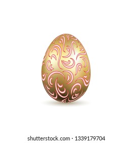 Easter egg 3D icon. Ornate gold egg, isolated white background. Swirl realistic design, decoration Happy Easter celebration. Holiday ornamental element. Graceful spring pattern Vector illustration