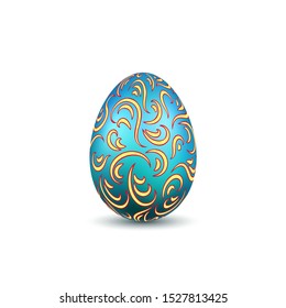 Easter egg 3D icon. Ornate color egg, isolated white background. Swirl realistic design, decoration Happy Easter celebration. Holiday ornamental element. Graceful spring pattern Vector illustration