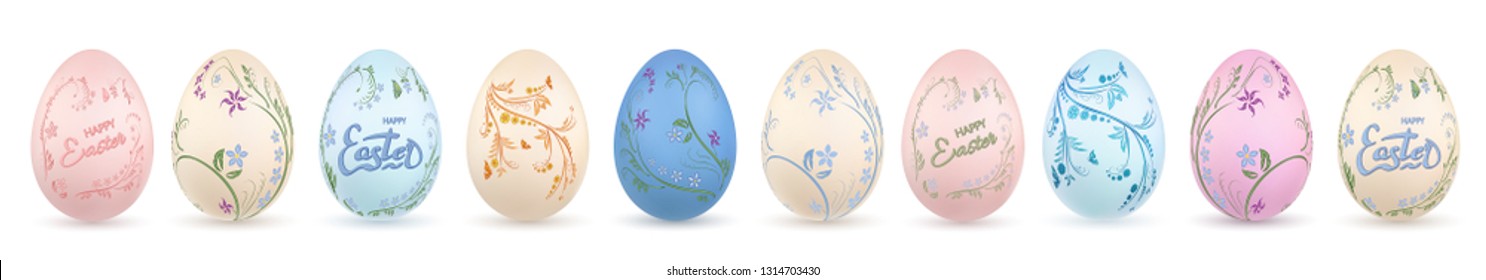 Easter egg 3D icon. Pastel eggs set, lettering, isolated white background. Floral design. Hand drawn flower decoration Happy Easter. Text element. Holiday pattern. Spring symbol Vector illustration