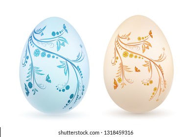 Easter egg 3D icon. Pastel eggs set, isolated white background. Floral hand drawn design, flower branch leaf decoration pattern Happy Easter celebration. Holiday spring element Vector illustration