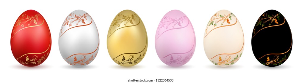 Easter egg 3D icon. Pastel eggs set, isolated white background. Floral hand drawn design, flower branch leaf decoration pattern Happy Easter celebration. Holiday spring lement Vector illustration